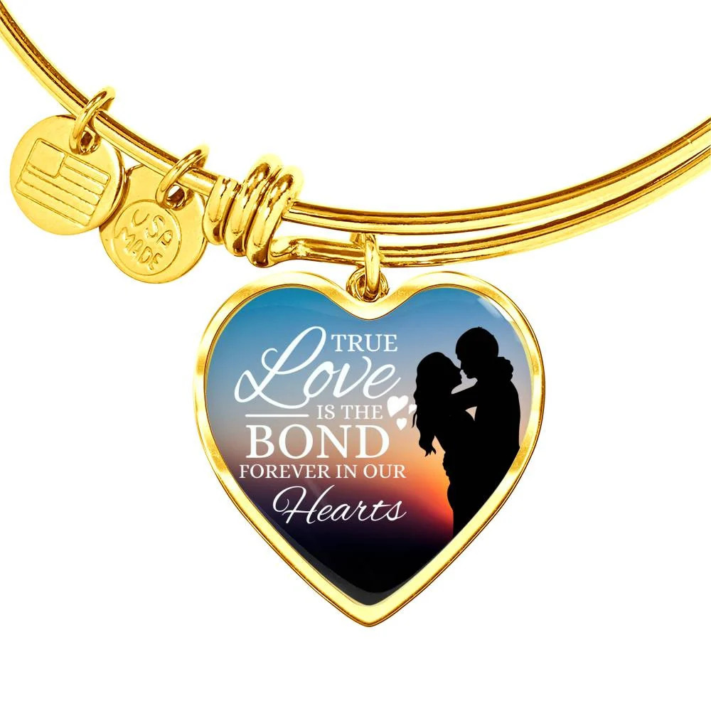 True Love Is The Bond Forever Personalized Engraved Gold Heart Bangle Bracelet